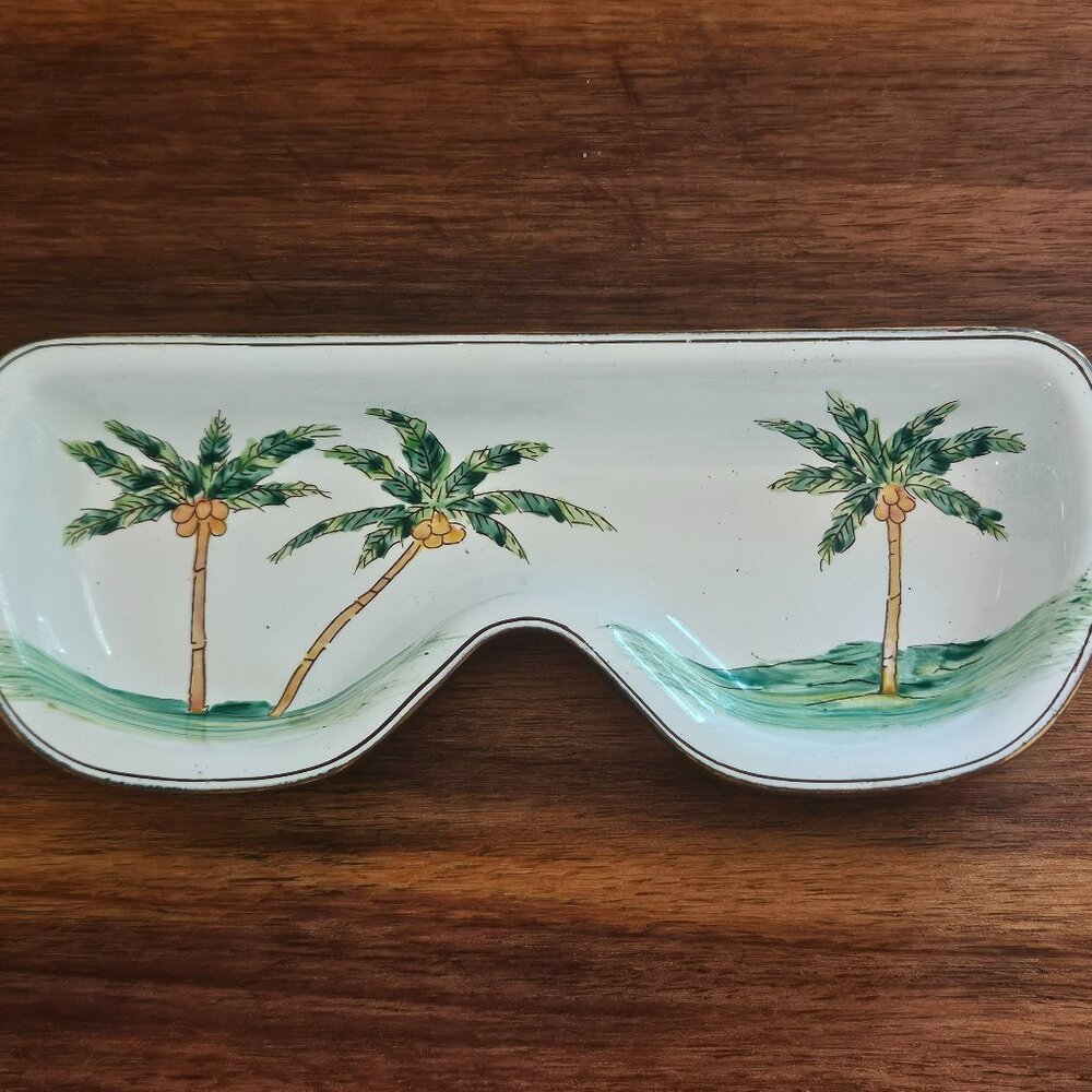 kevin chen enamel covered metal eye glass holder with palm trees signed numbered